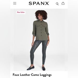 Spanx Faux Leather Green Camo Leggings, Size S/P